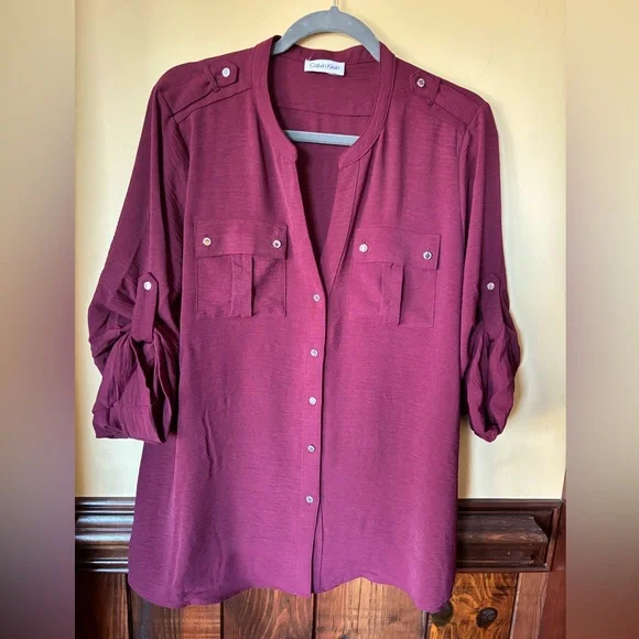 Calvin Klein Women's Burgundy Button-Down Shirt - Picture 1 of 5